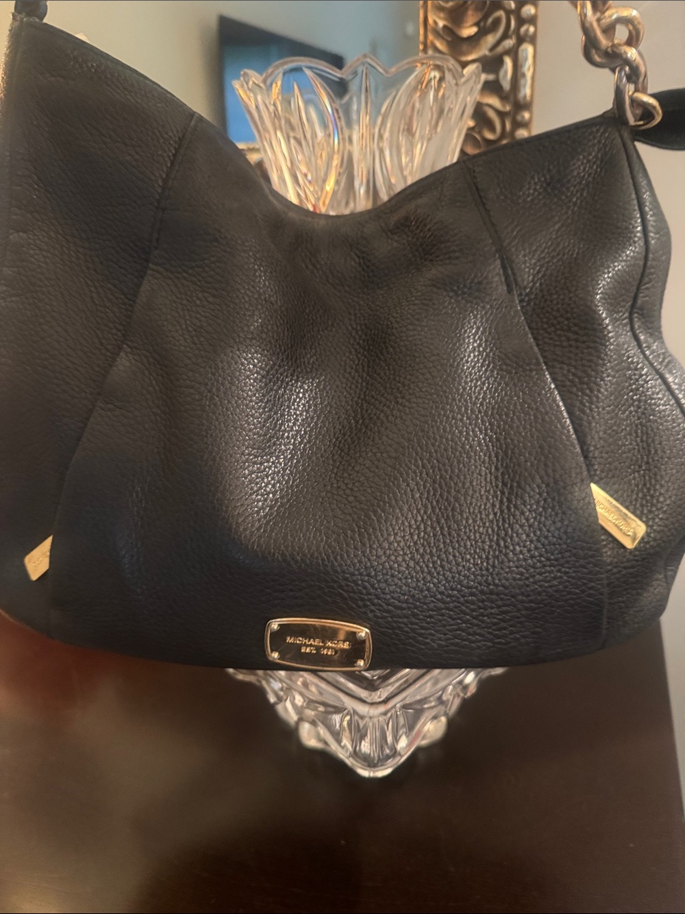 Michael Kors Black Pebbled Leather Shoulder Hobo with Gold Hardware